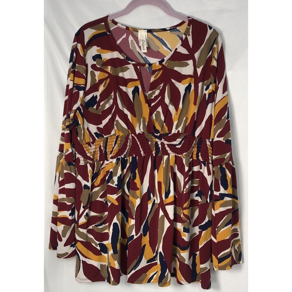 Crepas Women's Red Multicolor Wrap Long-Sleeve Babydoll‎ Top - Size 1XL